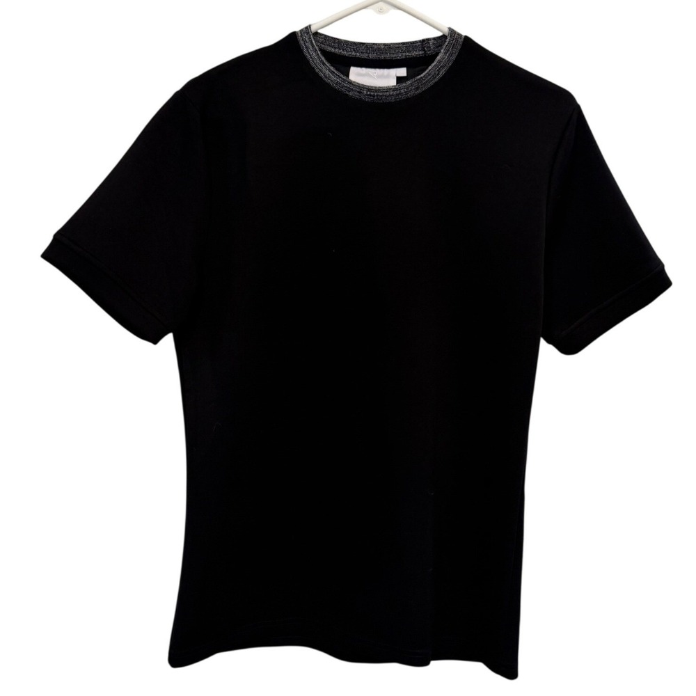 Raith Mens Black Scuba Knit Crew Neck Tee Marled‎ Grey Collar Short Sleeve Small